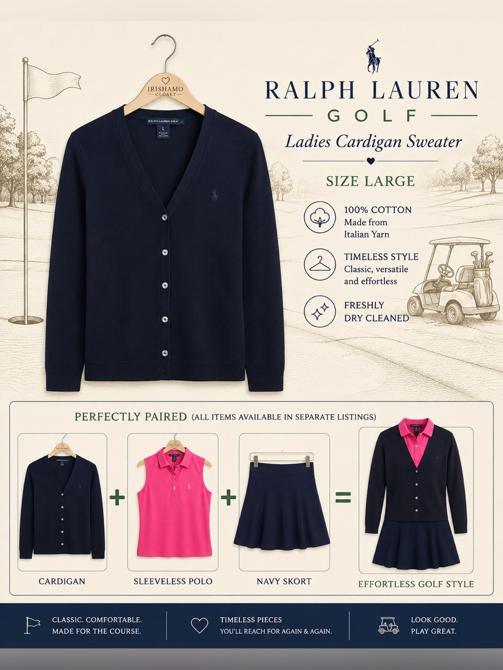 Ralph Lauren Golf Navy V-Neck Cotton Cardigan Sweater Y2K Italian Yarn | Size L